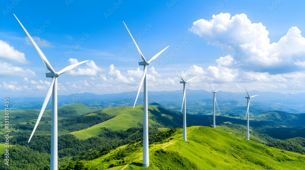 Wind turbines on a verdant hillside under a bright sky Wind turbines on a verdant hillside under a bright sky