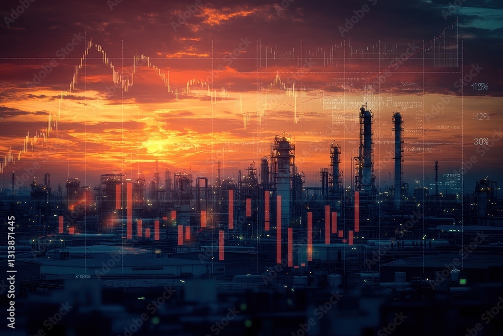 Fototapeta premium Petrochemical refinery at sunset with vibrant skies and silhouetted structures reflecting industrial beauty.