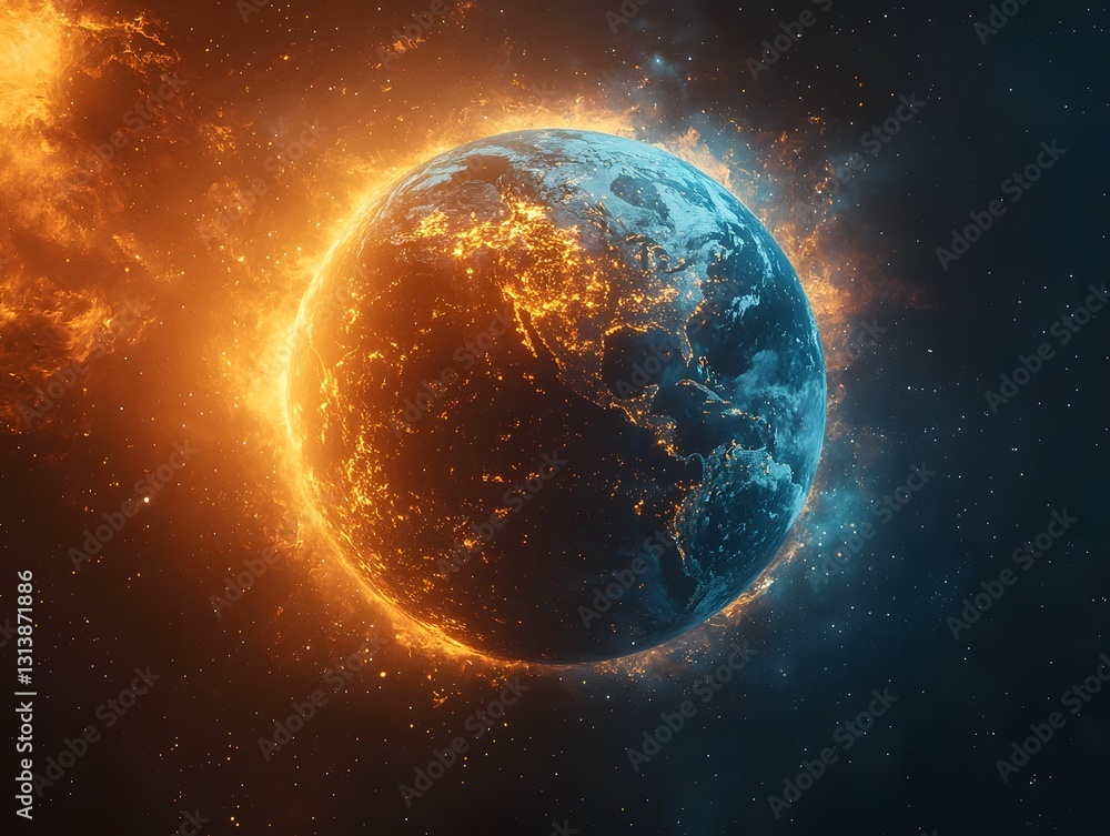 Naklejka premium Vibrant Glowing Earth Encased in Ice and Fire Symbolic Climate Change Awareness Concept