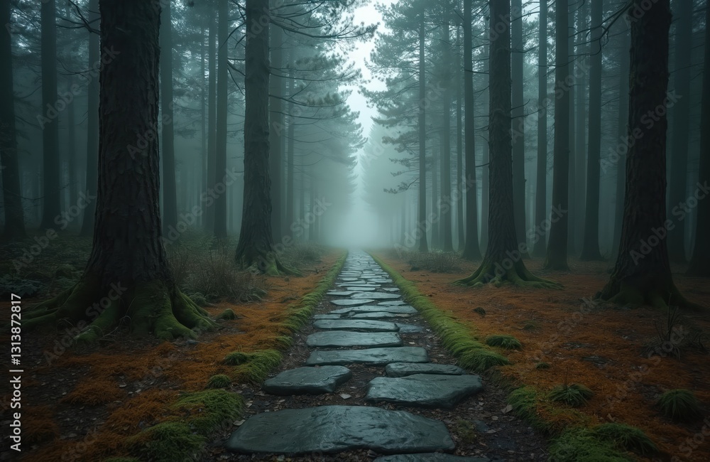 Fototapeta premium Stone path goes through misty forest. Woodland road with tall trees in fog. Nature, life, journey, separation concepts. Beautiful scenery ideal for travel, adventure, meditation, environment themes.