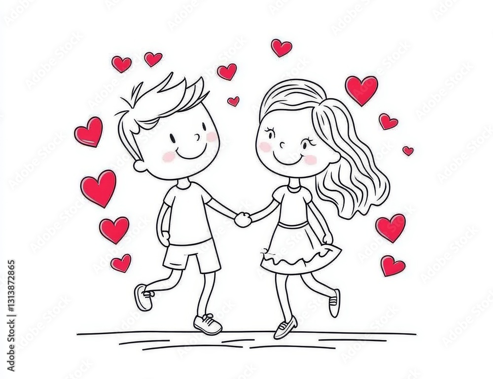 A charming scene of a boy and girl holding hands, available as a cute coloring page for 8.5x11 inch paper A charming scene of a boy and girl holding hands, available as a cute coloring page for 8.5x11 inch paper