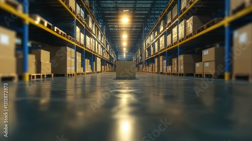 A warehouse interior filled with shelves of packed cardboard boxes