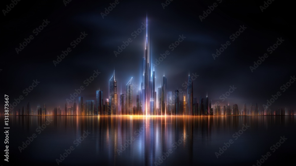 Fototapeta premium Night Cityscape: Futuristic Metropolis Reflection