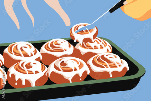 A freshly baked tray of warm cinnamon rolls, generously drizzled with creamy vanilla icing, showcasing rich, golden-brown swirls.