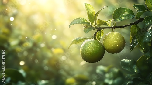 A luminous green lime ripening on a branch in an enchanted garden bathed in soft sunlight