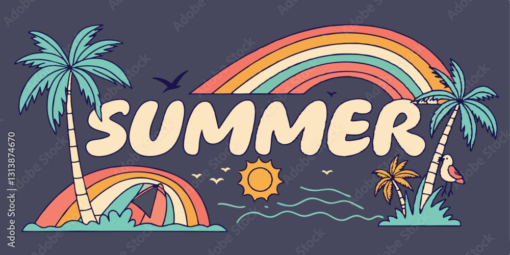 custom made wallpaper toronto digitalVintage Summer Beach Surfing Illustration – Tropical Sunset, Waves & Palm Trees