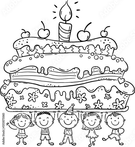 Doodle happy kids standing and hold huge birthday cake together. Line art ill...