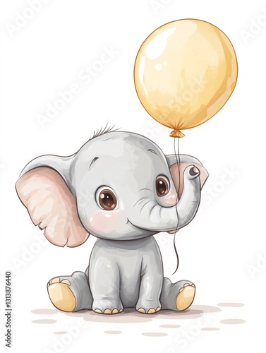 Cute baby elephant holding yellow balloon sitting down
