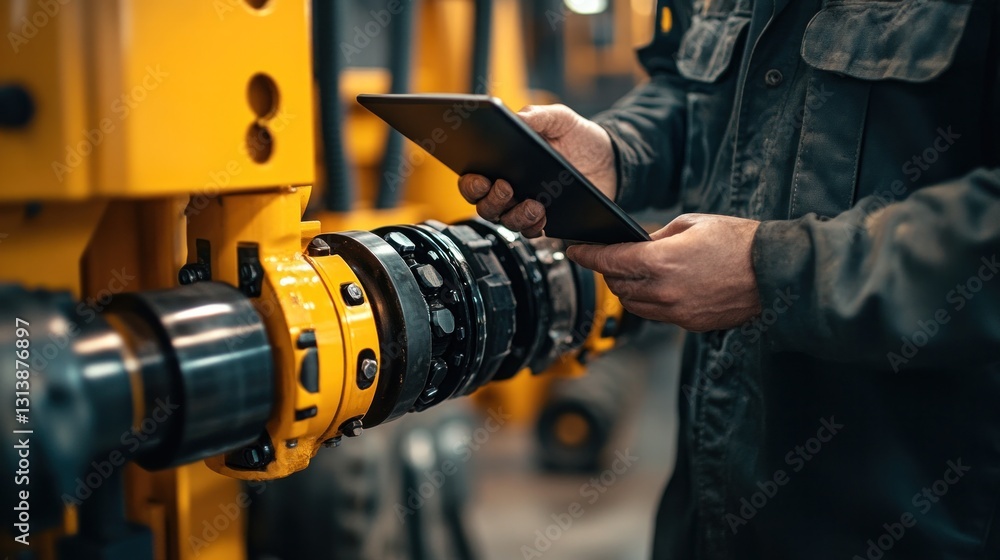 Close-up of a backhoe mechanic holding a tablet, inspecting hydraulic piston equipment in a construction yard with machinery in the blurred background Close-up of a backhoe mechanic holding a tablet, inspecting hydraulic piston equipment in a construction yard with machinery in the blurred background