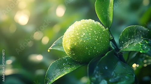 A glowing green lime ripening on a branch with magical leaves in a fantasy-inspired garden