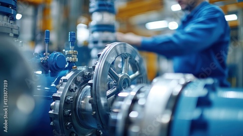Close-up of a male industrial worker inspecting steel pipes and valves in a high-tech oil and gas refinery, blurred background with machinery