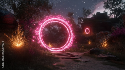 A glowing pink portal shines brightly at the end of a path photo