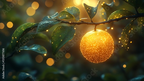 A radiant green lime glowing on a branch with sparkling leaves in a fantasy garden scene