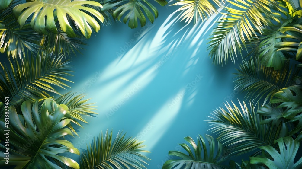 Tropical leaves creating border around vibrant teal background with sunlight Tropical leaves creating border around vibrant teal background with sunlight