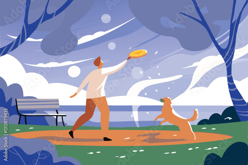 A joyful man throws a frisbee for an excited dog in a vibrant dog park.  Sunlight streams through the trees.