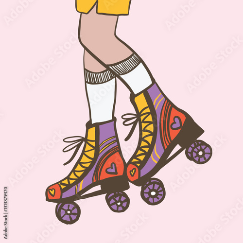 Legs of a girl in roller skates. Y2K bright illustration