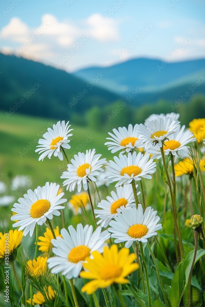 Obraz premium Field of White Daisies and Yellow Dandelions in Mountain Landscape, Botanical Photography