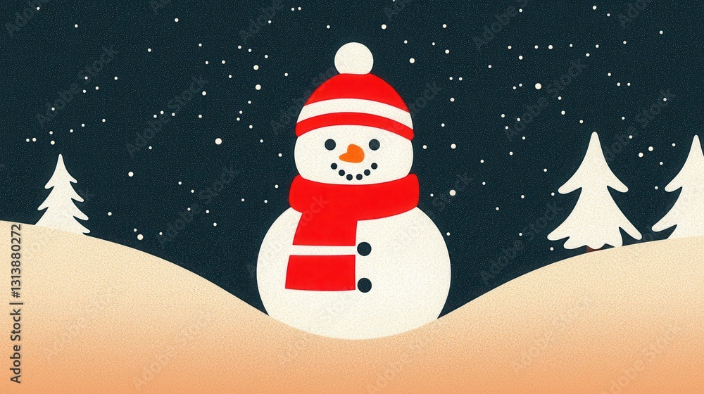 Fototapeta premium Cheerful Snowman Surrounded by Snowy Trees in Winter Wonderland Scene