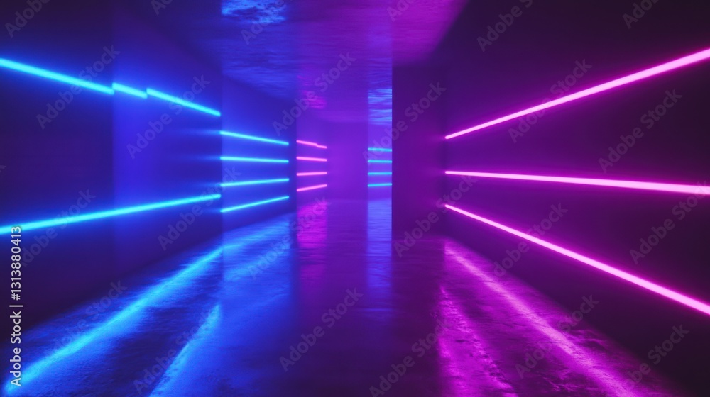 Neon tunnel, glowing lights, futuristic setting, reflective floor, background haze, ideal for sci-fi design Neon tunnel, glowing lights, futuristic setting, reflective floor, background haze, ideal for sci-fi design