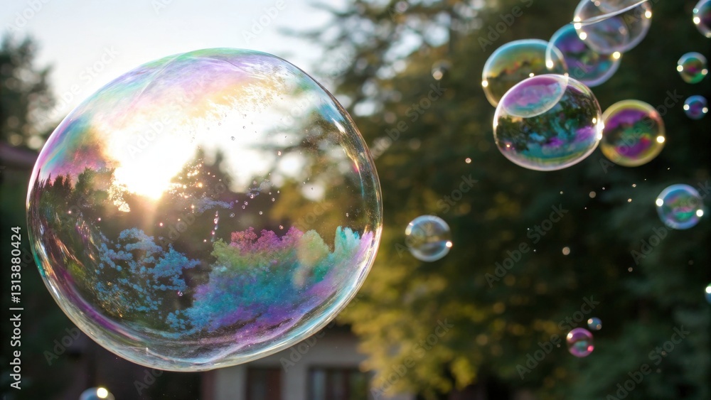 A close-up of a soap bubble, with its surface reflecting a dazzling rainbow of colors. A close-up of a soap bubble, with its surface reflecting a dazzling rainbow of colors.