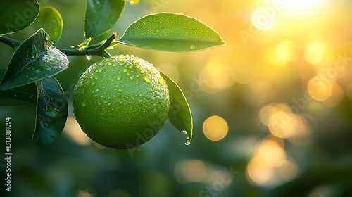 A glowing green lime on a branch in a magical summer garden bathed in soft radiant light