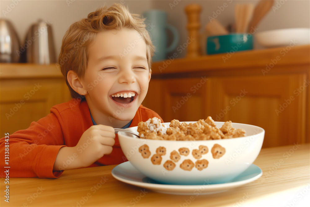 Smiling boy enjoying his breakfast cereal at a wooden kitchen table, surrounded by warm tones and a cheerful morning atmosphere. Smiling boy enjoying his breakfast cereal at a wooden kitchen table, surrounded by warm tones and a cheerful morning atmosphere.