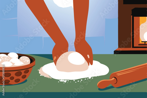 Close-up image of hands kneading a ball of dough generously dusted with flour on a countertop.  Focus on the texture and the process.
