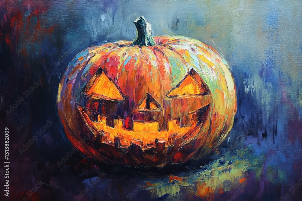 Naklejka premium This colorful Halloween pumpkin features a carved face with a glowing light, perfect for celebrating the season. A lively backdrop enhances its charm.