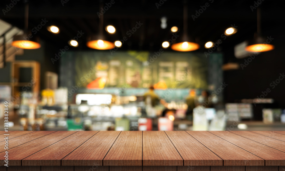 Empty wooden table top with lights bokeh on blur restaurant background. Empty wooden table top with lights bokeh on blur restaurant background.