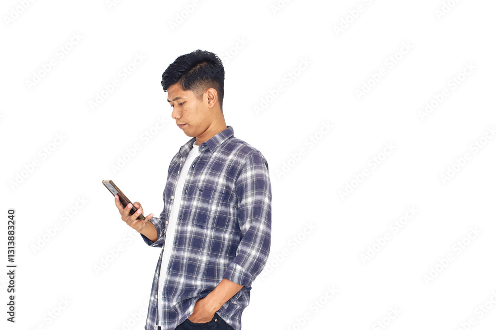 Young Person Using Mobile Phone, Dark Patterned Shirt, White Backgrounds,Portrait Studio Young Person Using Mobile Phone, Dark Patterned Shirt, White Backgrounds,Portrait Studio