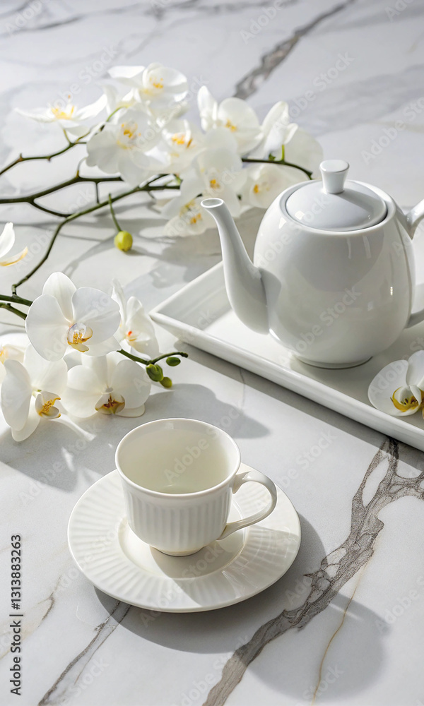 Fototapeta premium A delicate white tea set, including a teapot and cup