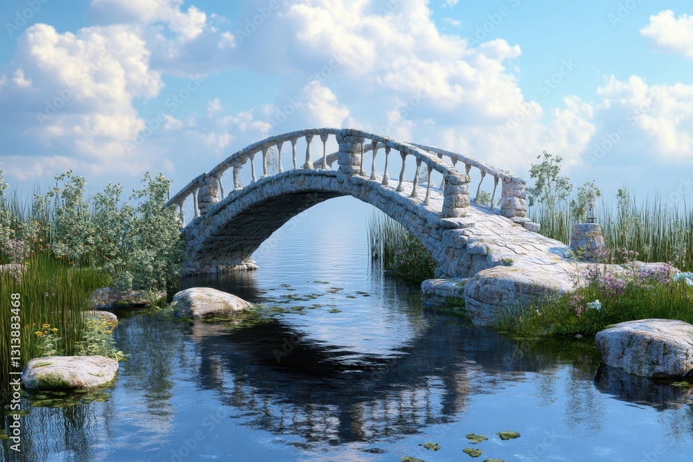 Stunning stone bridge reflecting in tranquil water under a bright blue sky Stunning stone bridge reflecting in tranquil water under a bright blue sky
