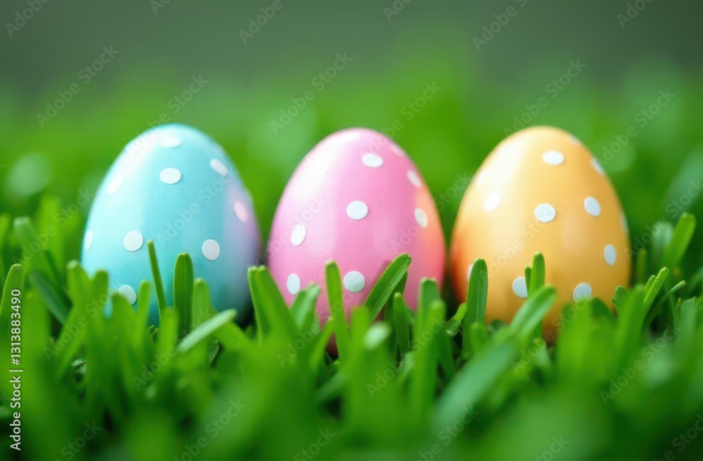 Three pastel Easter eggs with polka dots on fresh green grass Three pastel Easter eggs with polka dots on fresh green grass