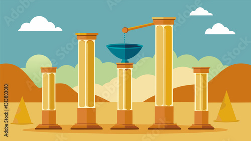 Giant towering columns of sand being lifted and sifted separating the oil from the earth.. Vector illustration
