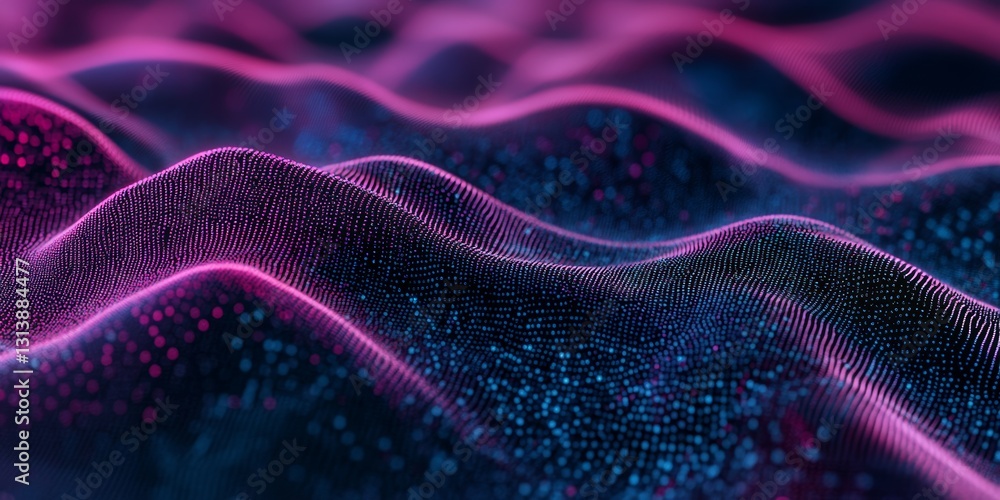 This captivating abstract image features flowing waves in purple and blue shades, adorned with sparkling particles that create a mesmerizing visual effect. This captivating abstract image features flowing waves in purple and blue shades, adorned with sparkling particles that create a mesmerizing visual effect.