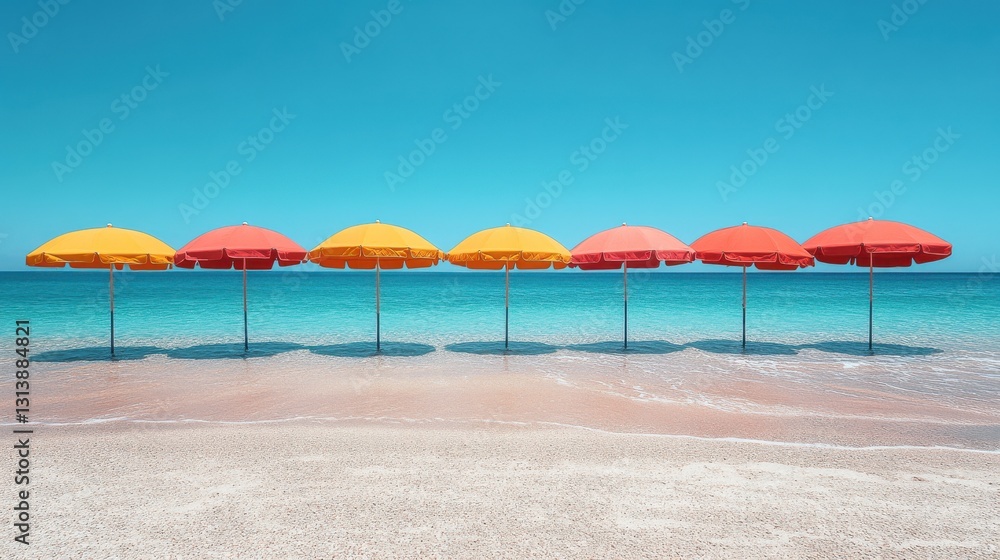 colorful umbrella beach stands out against a clear blue sky background,cartoon illustration style colorful umbrella beach stands out against a clear blue sky background,cartoon illustration style