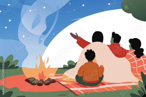 A captivating scene of people gathered around a crackling campfire, listening intently as a storyteller gestures animatedly, sharing a tale under the starry night sky.