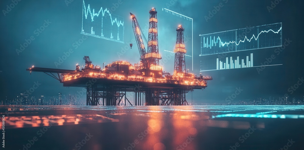 Fototapeta premium Futuristic oil drilling platform showcasing advanced digital technology and innovation in energy extraction.