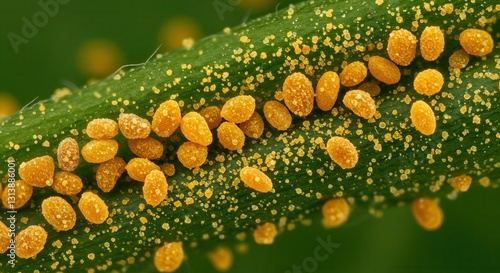 Rust Fungi Spores on Green Leaf Macro Close-up Detailed Shot photo