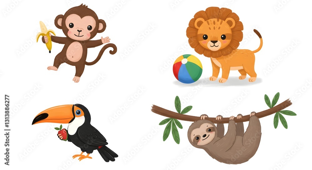 Fototapeta premium Cute Animal Cartoon Collection Featuring Lion, Monkey, Toucan, and Sloth