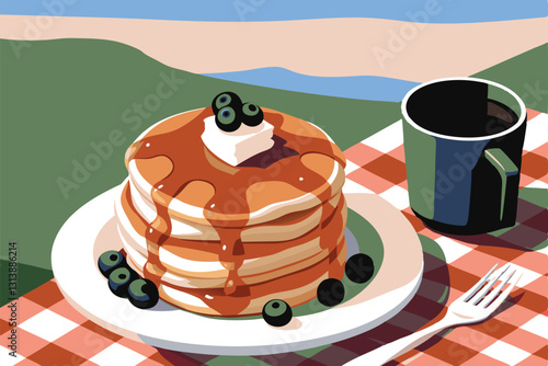 A towering stack of golden, perfectly-cooked pancakes, glistening with a drizzle of maple syrup, sits on a rustic wooden surface.  Details must be sharp and inviting.