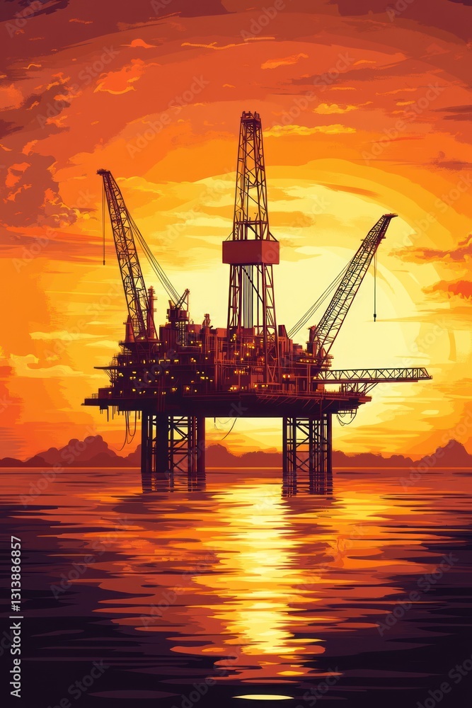Obraz premium Offshore oil rig at sunset, ocean background; energy industry