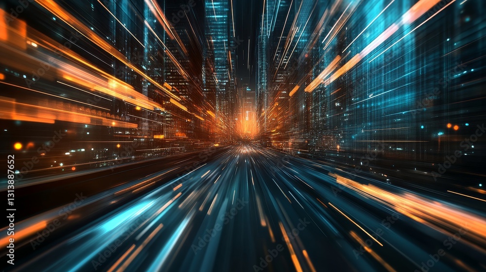 Obraz premium Experience the thrill of a futuristic cityscape filled with vibrant lights and dynamic motion. This image captures the essence of modern urban life at night.