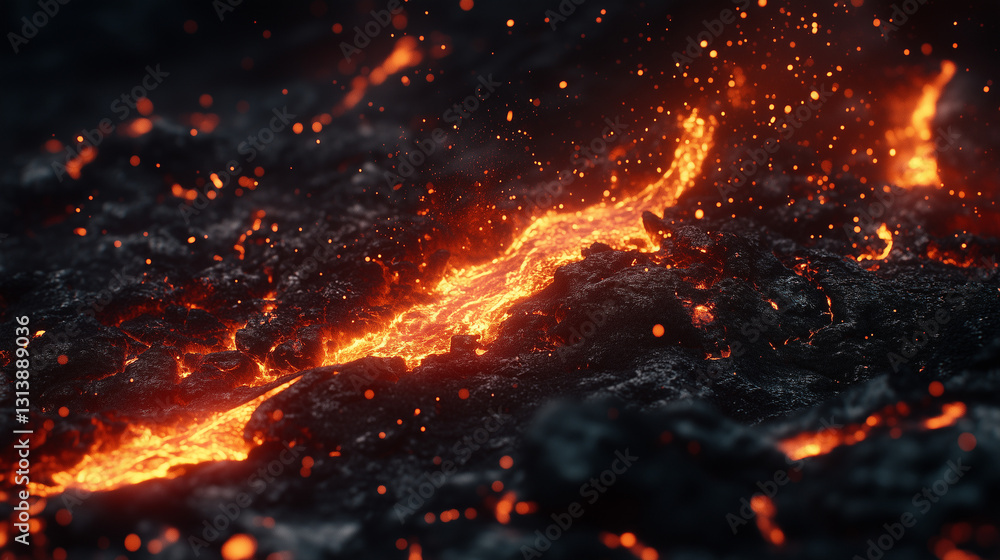 Lava Flowing on Black Volcanic Rock with Fiery Sparks and Intense Heat Lava Flowing on Black Volcanic Rock with Fiery Sparks and Intense Heat