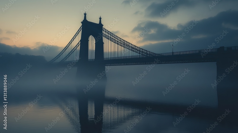 Fototapeta premium A captivating misty morning scene featuring a historic bridge silhouetted against the foggy backdrop with serene water reflections, creating a tranquil ambiance.