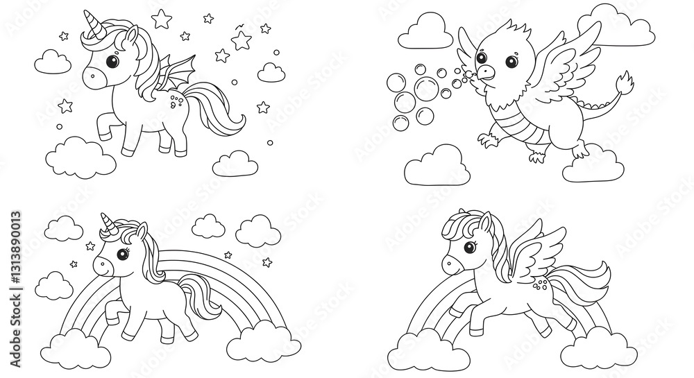 Outlined Cartoon Characters Featuring Unicorns and Dragon in Clouds Outlined Cartoon Characters Featuring Unicorns and Dragon in Clouds