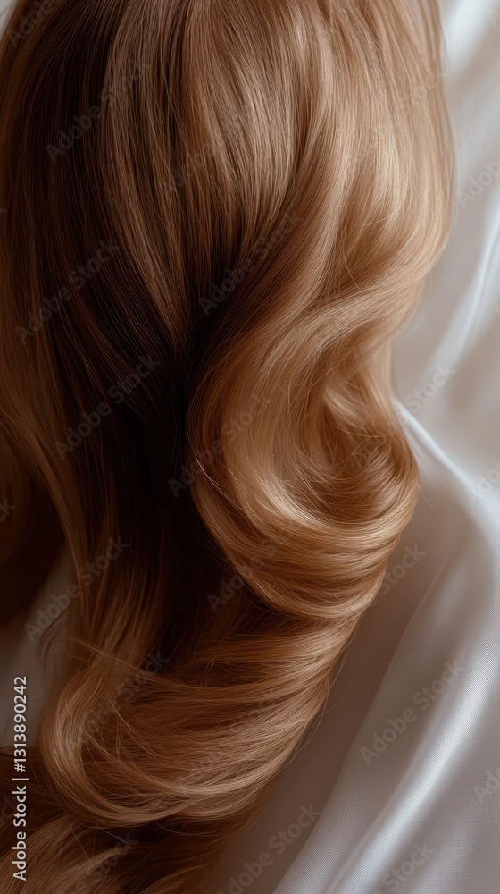 Fototapeta premium Beautiful model girl with Brown hair strand,silky healthy chestnut wavy hair strand,hair wavy ribbon, with smooth,Keratin straightening,Treatment,straight long hair,procedures,Smooth hairstyle.