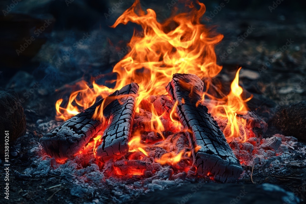Campfire burning brightly at night surrounded by nature in a tranquil outdoor setting Campfire burning brightly at night surrounded by nature in a tranquil outdoor setting