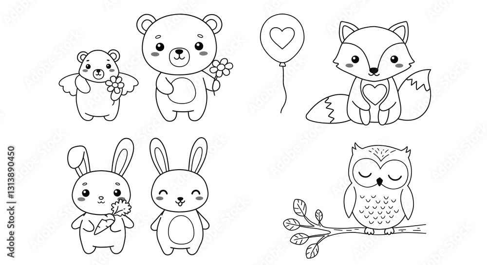 Cute Animals Coloring Page Featuring Bear, Rabbit, Fox, and Owl Cute Animals Coloring Page Featuring Bear, Rabbit, Fox, and Owl