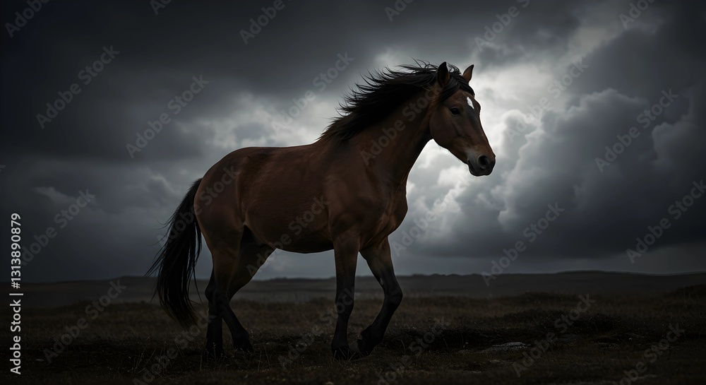 Obraz premium Horse Walking Across Field with Dark Dramatic Sky in Background